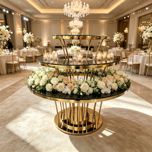 3 Tier Round Gold Stainless Steel Wedding Cake Table Black Glass Tiered Dessert Display Table with Floral Decor for Banquet Party Event Display Table