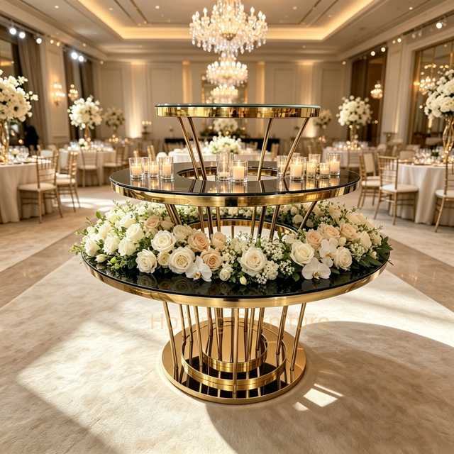 3 Tier Round Gold Stainless Steel Wedding Cake Table Black Glass Tiered Dessert Display Table with Floral Decor for Banquet Party Event Display Table
