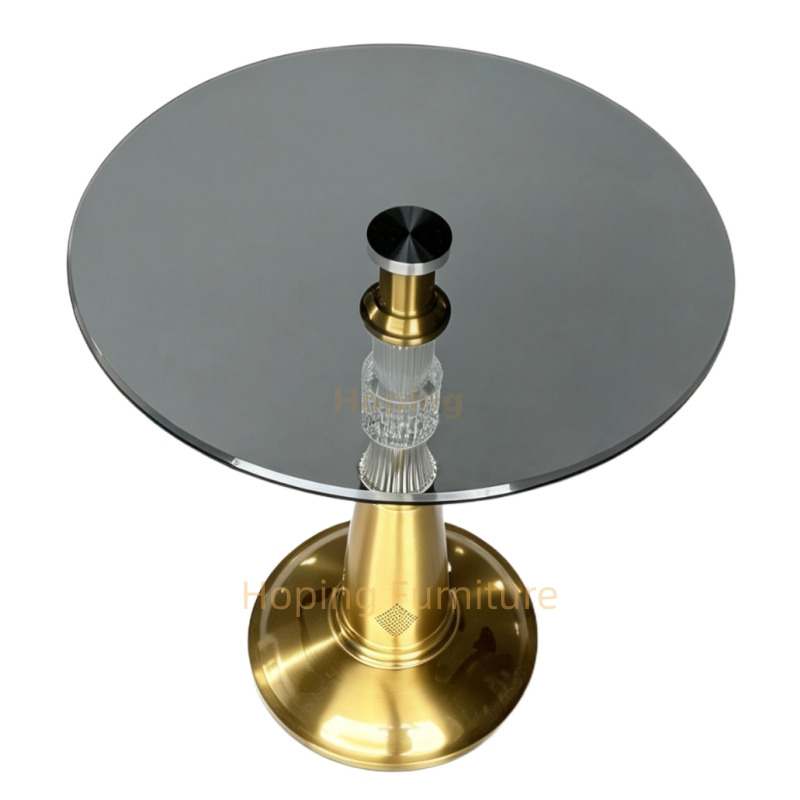 45cm Round Glass Top Side Table Gold Pedestal Base LED Glowing Column with Bluetooth Coffee Table Modern Tea Table