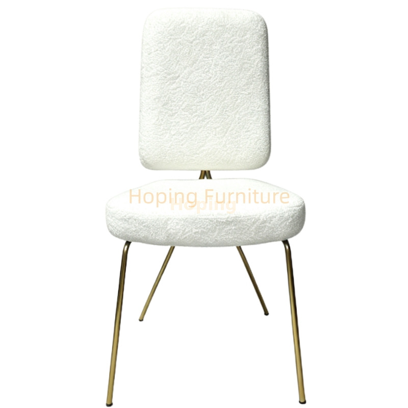 White Teddy Fabric Dining Chair Gold Metal X Shaped Back Frame Upholstered Side Chair Event Banquet Wedding Party Stainless Steel Frame Dining Chair