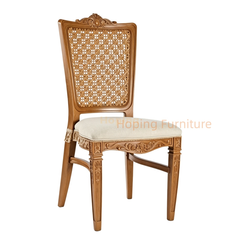 French Carved Cane Back Dining Chair Upholstered Cushion for Wedding Banquet Home