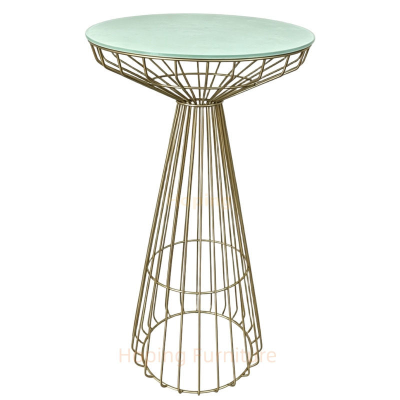 Stainless Steel Wire Frame High Cocktail Table Round Light Green Glass Top for Outdoor Wedding Party Event Bar Table