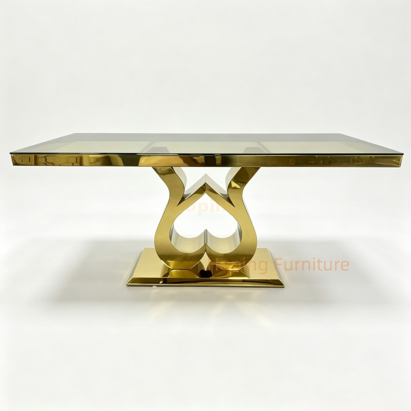 Luxury Square Table for 8 Rectangular Dining Table with Tempered Glass Unique Sculpted Mirror Gold Stainless Steel Base for Villa Hotel Banquet Table