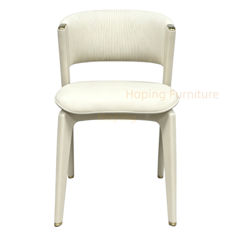 Cream PU Leather Dining Chair Vertical Striped Backrest Gold Decorative Accent Dining Side Chair Contemporary White PU Restaurant Chair