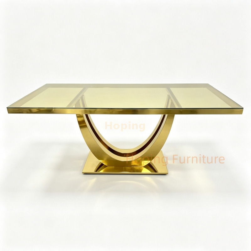 Modern Hotel Restaurant Home Dining Table with White Glass Top and Double U Shape Polished Golden Stainless Steel Structure 8 Person Table
