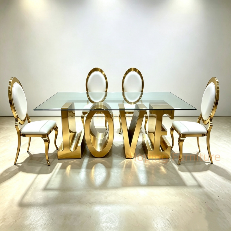 Modern High Quality Wedding Furniture Restaurant Hotel Banquet Love Letter Shape Gold Stainless Steel Dining Table, Clear Tempered Glass Top Wedding Event Table