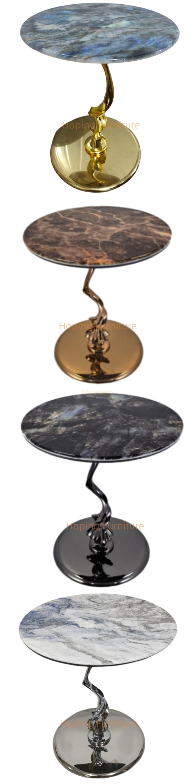 Luxury Round Blue Stone Top with Twisted Gold Metal Base Accent End Table