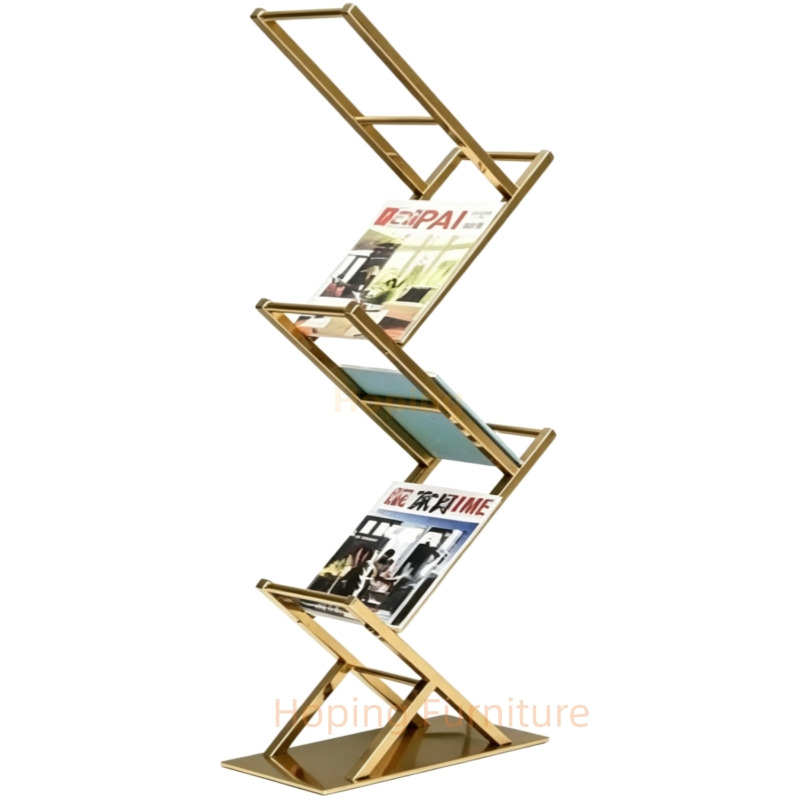 Gold Metal Z Shaped Magazine Rack File Shelf Modern Floor Book Display Stand for Living Room Airport Lobby Hotel Office Corner Office Bookcase