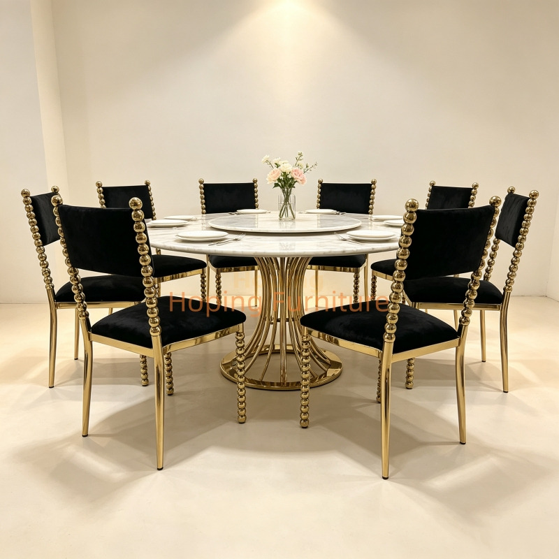 Luxury Wedding Banquet Dining Chair Gold Beaded Metal Frame Black Velvet Upholstered Event Chair for Hotel Restaurant Wholesale Stainless Steel Wedding Chair