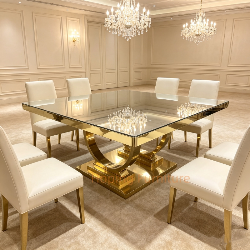 Premium Square Dining Table Dual Curved Arch Gold Stainless Steel Support Base for Luxury Hotel Banquet Wedding Function Event Restaurant Dining Table for Sale