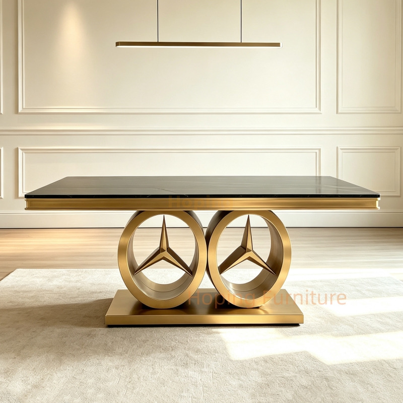 Wholesale High End Banquet Dining Table Eye Catching Twin Circular Gold Stainless Steel Base Rectangular Dining Table for Wedding Event Restaurant Dining Table