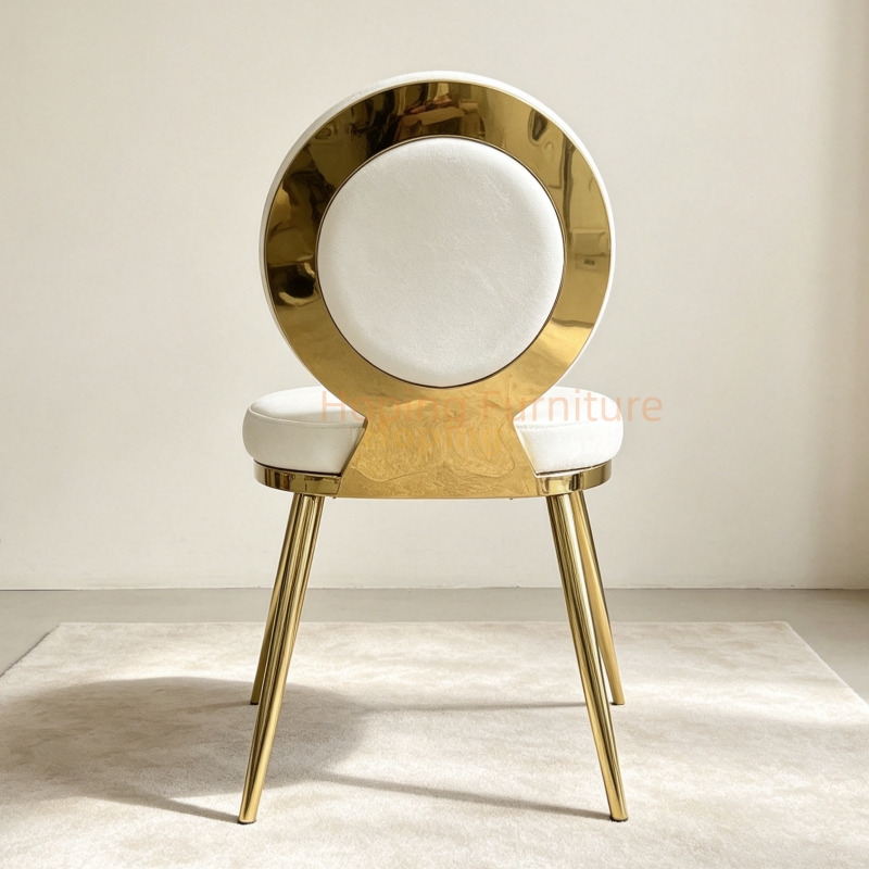 Gold Stainless Steel Dining Chair with Unique Hollow Round Back Frame White Velvet Upholstered Banquet Event Chair White Wedding Dining Chair