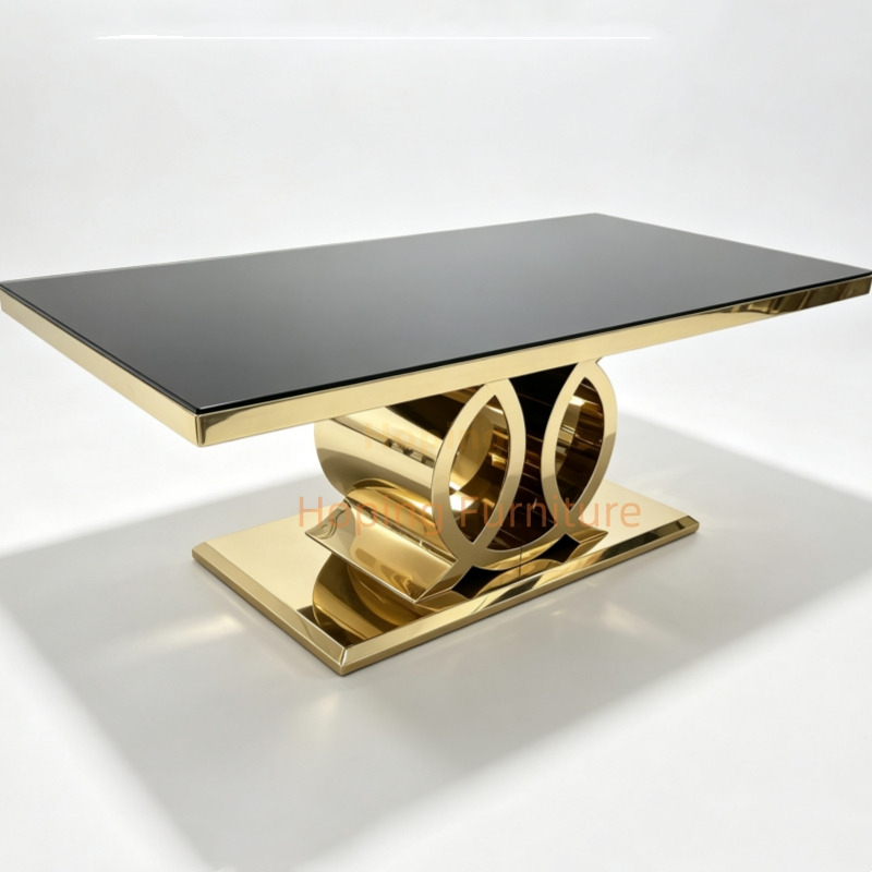 Modern Living Room Hotel Furniture Luxury Gold Stainless Steel Dining Table Black Glass Top Artistic Hollow Metal Base for Wedding Banquet Hotel