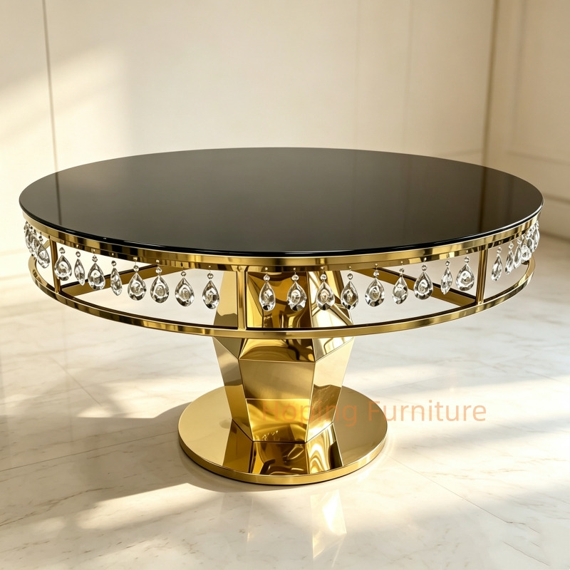 Gold Stainless Steel Round Wedding Table with Crystal Decoration Black Glass Top Event Banquet Table