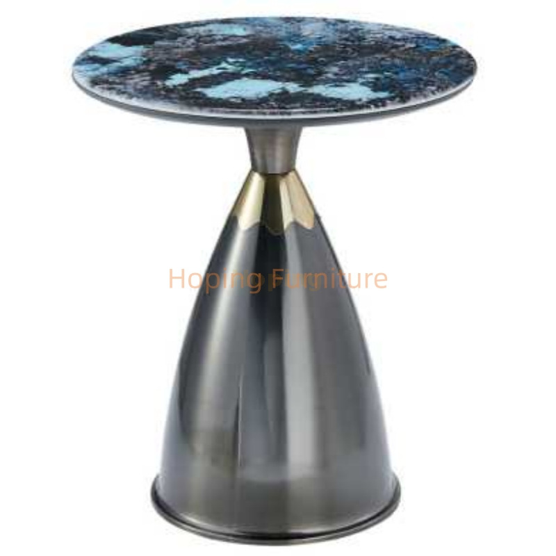 Golden Metal Cone Side Table Blue Stone Top Round Modern Coffee Table