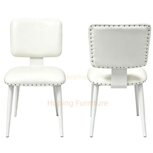 Modern Side Chair White PU Leather with White Metal Legs Nailhead Border Art Dining Chair