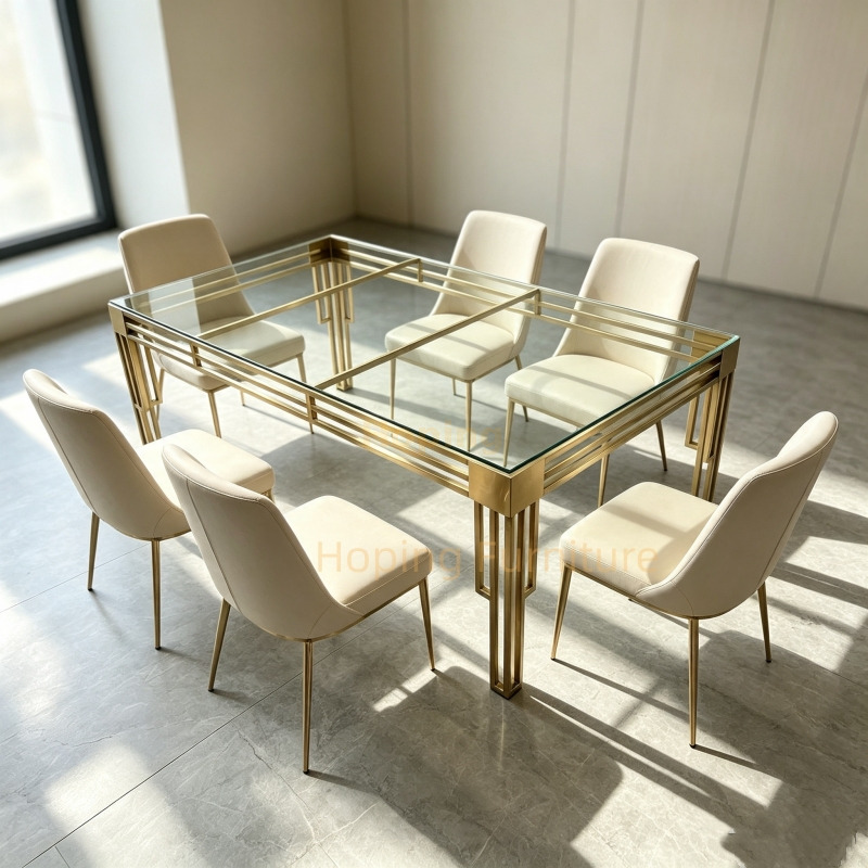 Modern 8FT Glass Top Banquet Table with Golden Stainless Steel Frame Wedding Rectangular Table Seats 12 Guests for Event Restaurant Dining Table